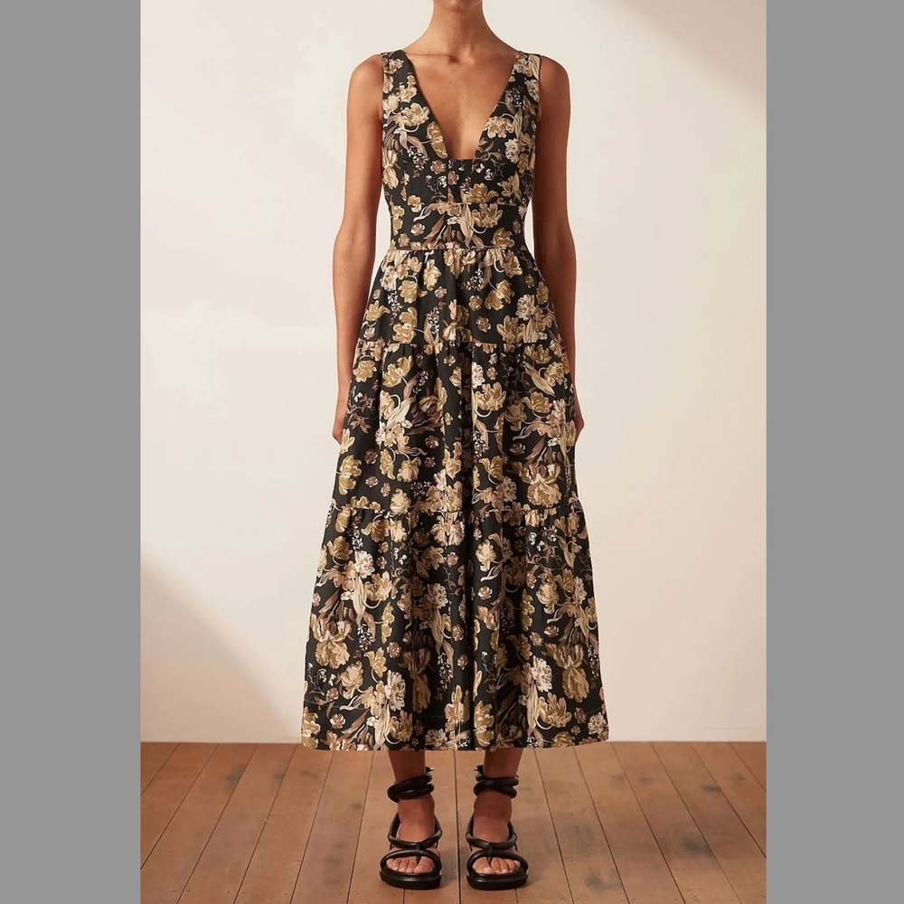 Shona Joy Palermo Linen Plunge Low Back Midi Dress NWT US 2 AU 6